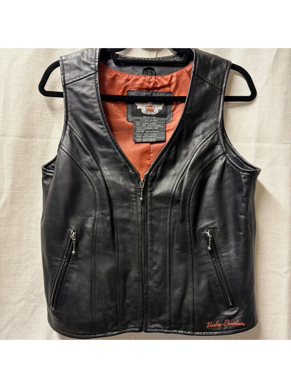 Harley-Davidson Women's Black Leather Full-Zip Biker Vest Size Large